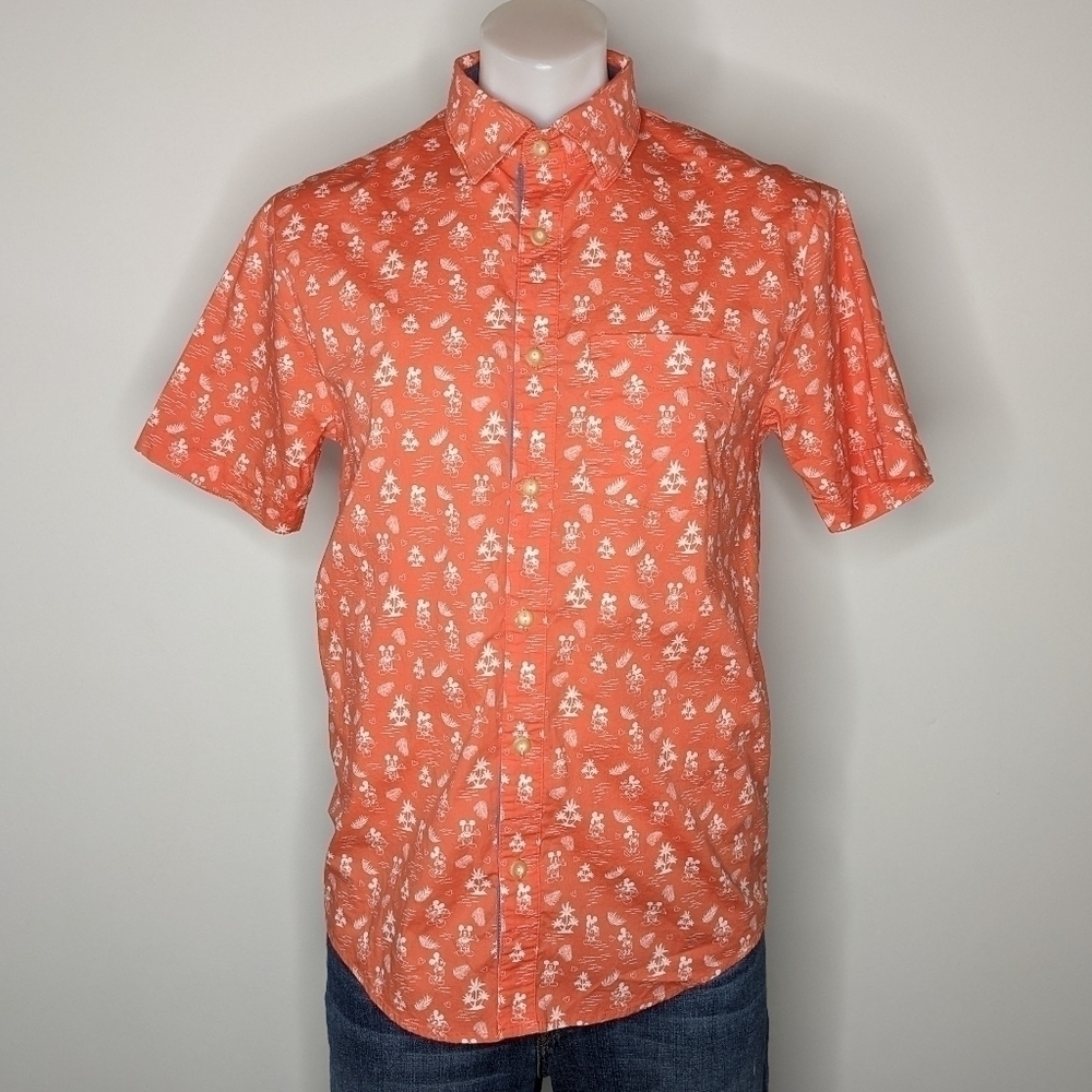 Disney Parks orange white tropical Mickey Mouse short sleeve button up S